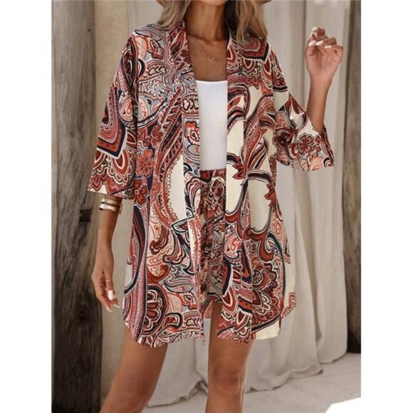 LUNE Ladies 2 Piece Set: Cashew Printed Kimono Top And Shorts